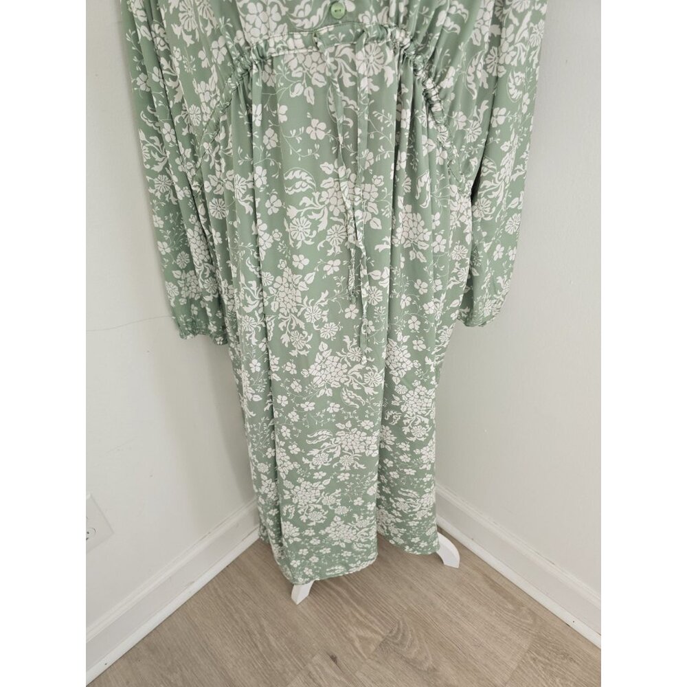 Summersalt Cinched Waist Caftan Dress XL Floral Green Ivy Long Midi V-Neck - Picture 5 of 12